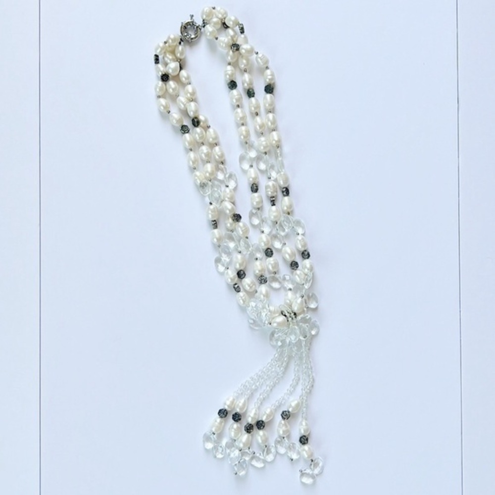 Vintage Tassel Teardrop crystal white beaded necklace